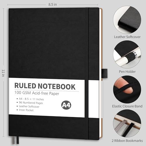 RETTACY Lined Journal Notebook, 96 Numbered Pages, A4 Size (8.5'' x 11'') - color: Black, style: Lined