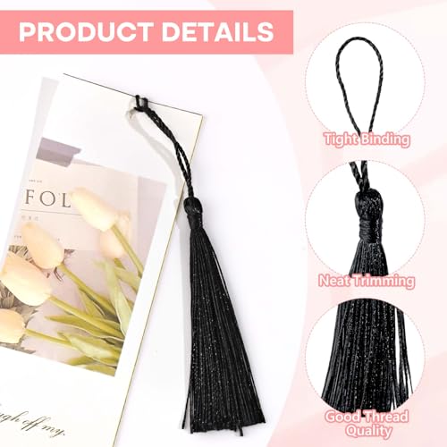 200pcs Bookmark Tassels Bulk 5 Inch Silky Soft Handmade Tassels for Crafts, DIY Jewelry Making, Gift Decorations,Black - color: Black
