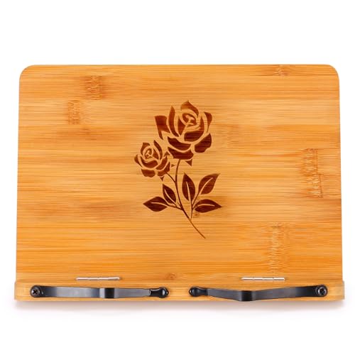 MEGREZ Foldable Bamboo Book Stand Adjustable Cookbook Reading Tablet Holder - color: Rose, size: 11.0 x 8.0 inch