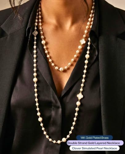 Long Pearl Necklace for Women Layered Lucky Clover Jewelry Gift - color: White Clover