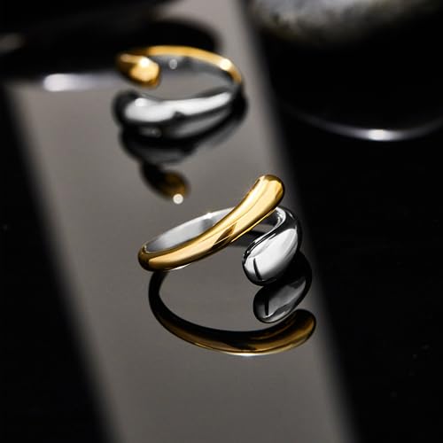 Non Tarnish Gold Chunky Rings for Women, 14K Gold Plated Statement Dome Rings Stacking Silver, Adjustable Mens Eternity Wedding Band Mixed Metal Jewelry Size 3-15 Half Size - color: Two Tone