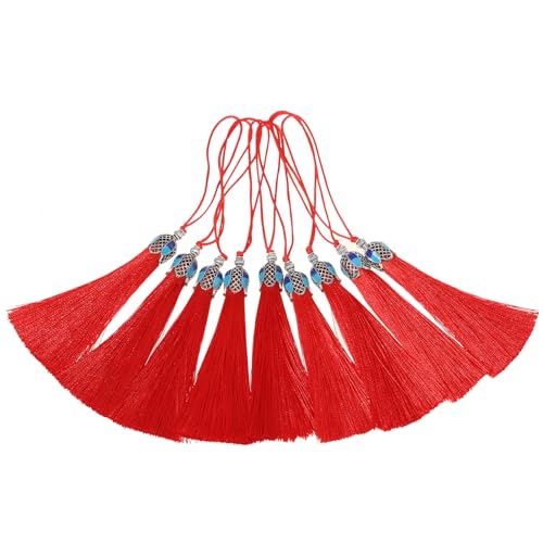 20pcs 16cm/6.3inches Vintage Silver Color Bookmark Tassels Silky Handmade Soft Craft Tassels with Loops for Bookmarks, Crafts and Jewelry Making (Red) - color: Red