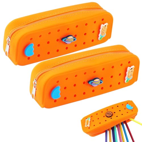 2 Packs Cute Silicone Pen Case Pen Pouch with DIY Holes and 3 Decoratives(Random) Travel Makeup Brush Bag suitable for travel home7.81inch (Orange,2Packs) - color: Orange,2Packs