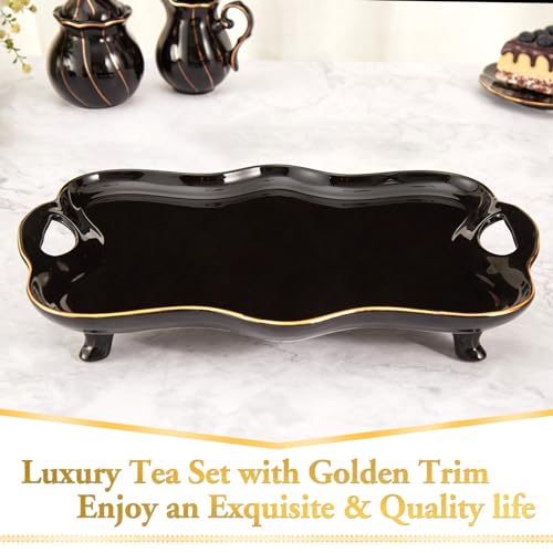DUJUST Porcelain Serving Tray with Handles, Luxury British Style Coffee Table Tray with Golden Rim, Beautiful Tea Tray Decor for Living Room, Easy to Use & Clean - Black - color: Golden Rim: Black