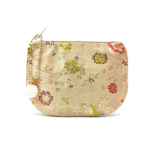 Handmade Women Coin Purse Brocade Wallet Zipper Rosary Pouch Silk Jewelry Bag - Wheat - color: Wheat
