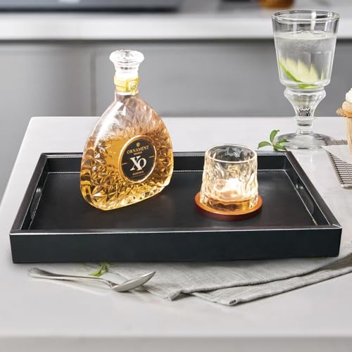18 x 12 inches Leather Ottoman Serving Tray with Hole Handles, Rectangle Modern Service Tray for Living Room, Coffee Table, Bed, Tea, Food, Butler Countertop, Kitchen, Dinner, Picnic (Black) - color: Black, size: 18" x 12" x 2"