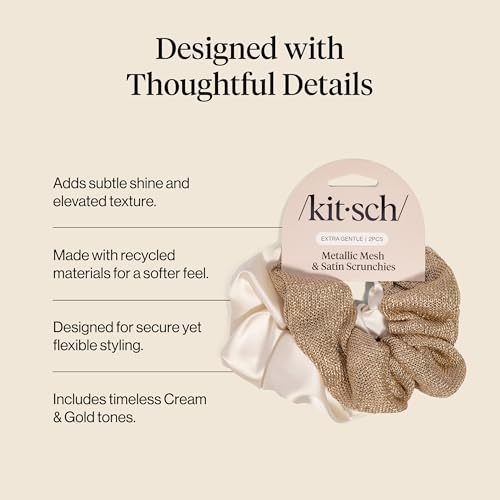 Kitsch Metallic Mesh & Satin Scrunchies For Women - Cream & Gold, 2pcs - color: Cream & Gold