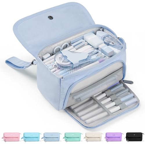 Sooez Super Large Pencil Case, Big Capacity Pencil Bag with 3 Compartments - color: Haze Blue
