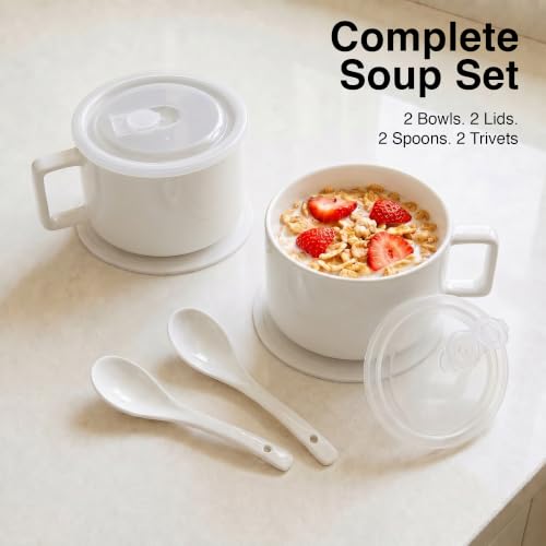 Ceramic Soup Bowls with Handles & Lids, Set of 2 with Spoons & Trivets, 30oz Large Soup Mugs, Oven Safe Bowls for Soup, Ramen, Oatmeal & Cereal, Microwave & Dishwasher Safe, White - color: White