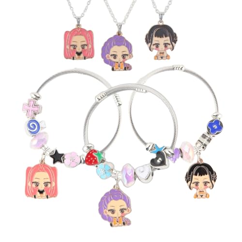 Korean Idol Jewelry Set for Women – Demon Hunters Charm Bracelet and Necklace Set (6PCS, 3 Bracelets + 3 Necklaces), Korean Pop Inspired Fashion Jewelry, Layered Bracelet Set for Daily Wear Party Accessories