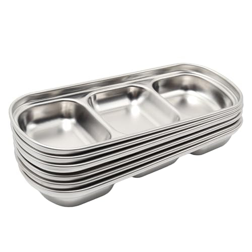 6Pcs 8 Inch Divided Dip Bowls (Silver, Triple Dipping Bowl) - color: Silver
