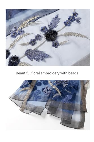 Jeelow Long Silk Blend Embroidered Floral Shawl Scarf Wrap for Women - color: Navy Flowers