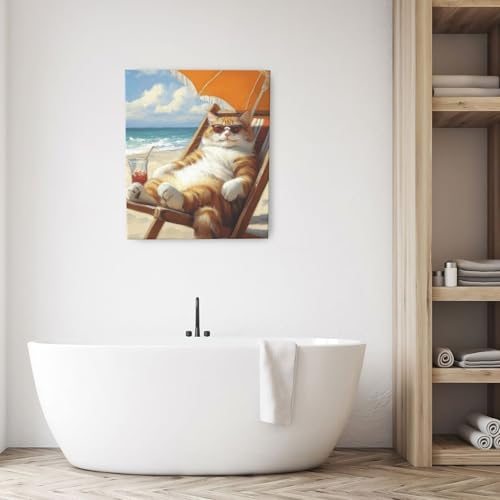 Funny Cat Beach Wall Art Cute Cat Ocean Canvas Wall Decor Coastal Kitten Pictures Paintings Prints Seaside Artwork Framed Seascape Decorations For Bathroom Bedroom Living Room Office Gifts 20" x 24" - color: Beach Cat, size: 24"L x 20"W