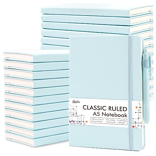 feela 24 Pack Journal Notebook Bulk for Work, Business Notebook Hardcover Lined Writing Journal with Pen Holder for Students Women Note Taking, with 24 Black Pens, 120 GSM, 5.1”x8.3”, A5, Sky Blue - color: 24 sky blue