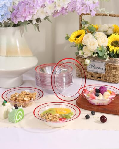 BESTSTAR 50 Pack clear Plastic Bowls with Red Rim - color: Red, size: 50 pack