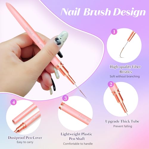 Liner Brush for Nails, 5 Pcs Thin Nail Art Brushes - color: Pink2