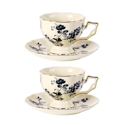 KAMMAK Tea Cups and Saucers Set of 2, 6.8 oz Porcelain Coffee Cups, 563N - size: 7KPSP563N