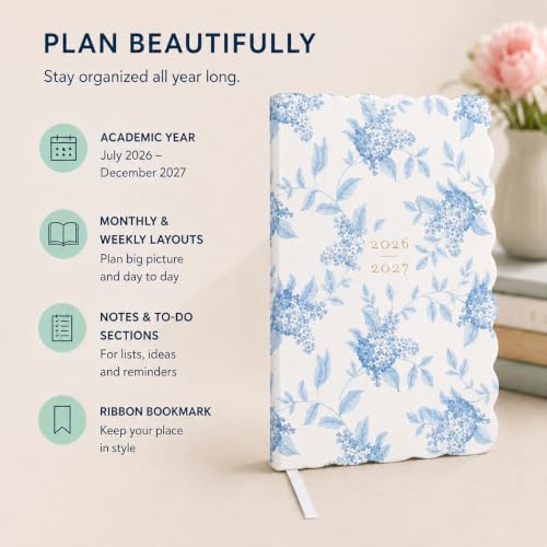 Laura Ashley Academic Planner Hardcover Agenda Jul 2026-Dec 2027, 6"x8" - color: White Blue Floral