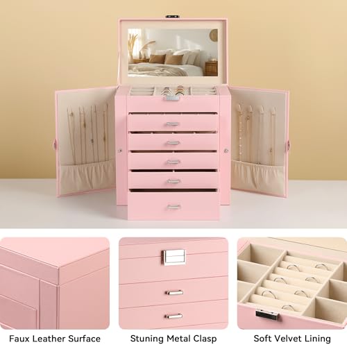 Frebeauty 6-Layer Jewelry Box for Women,Large Jewelry Organizer with Drawer - color: Pink, size: Large