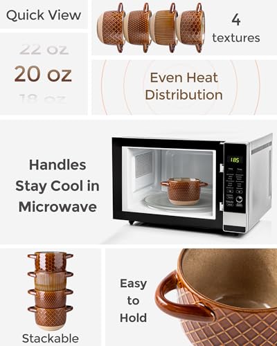 GBhome 22 Ounces Soup Bowls with Large Handles and Lids, Stoneware Bowls Set of 4 with Spoon for Soup, Cereal, Stew, Colourful Ceramic Kitchen Bowls, Microwave&Dishwasher Safe, Caramel - color: Caramel