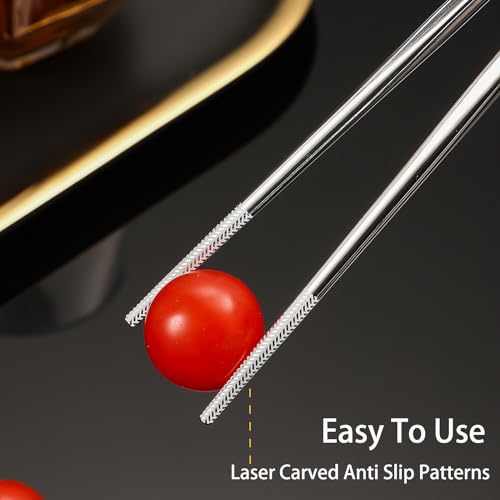 Stainless Steel Chopsticks Reusable, 5 Pairs, Silver Crack Pattern