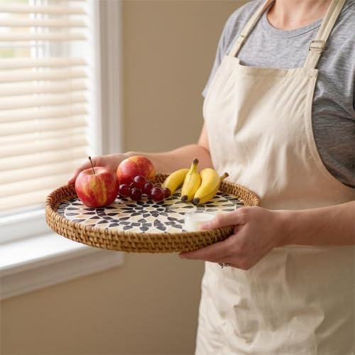 13.8" Round Mother of Pearl Inlay Rattan Black Drop Design Serving Tray - color: Black Drop