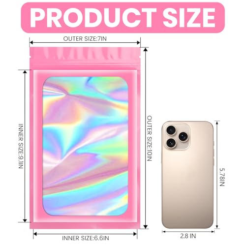 Funfery 100pcs Pink Mylar Holographic Bag-Resealable Zipper&Clear Window - color: Pink, size: 7 x 10 Inch