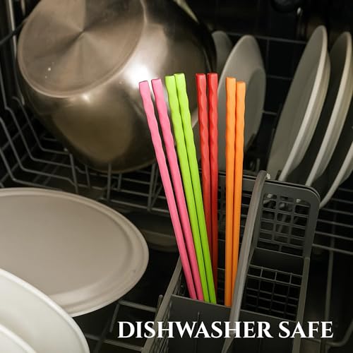 ( Set of 4 ) Kitchen Reusable 9.4 in Non Slip Silicone Cooking Chopsticks, Stainless Steel Core Reinforced, Reusable, Dishwasher Safe, Everyday Use, Camping, Party, Salad, Made in Korea (4 Colors)