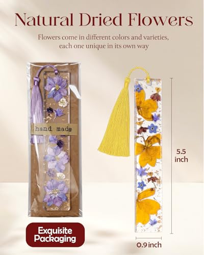 Buleens 2PCS Bookmarks for Women - Purple Yellow Book Marks for Readers Book Lovers, Personalized Handmade Dried Flower Resin Pressed Flowers Bookmark with Tassels, Pretty and Aesthetic - color: Purple Yellow