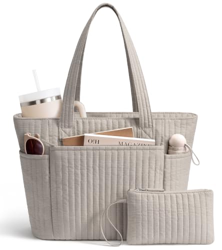 Bagstellar Quilted Tote Bag for Women Teacher Nurse Cotton Laptop Work Tote - color: Oatmeal