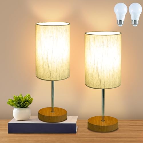 RISLG 2 Pack Small Table Lamps, Bedside Lamps for Nightstand with Wire Switch, Modern Minimalist Desk Lamp with Linen Fabric Shade for Dorm Kids Room Living Room Office Bedroom, Bulb Included-L - color: 2 Pack Beige-Wood, size: 15.4in