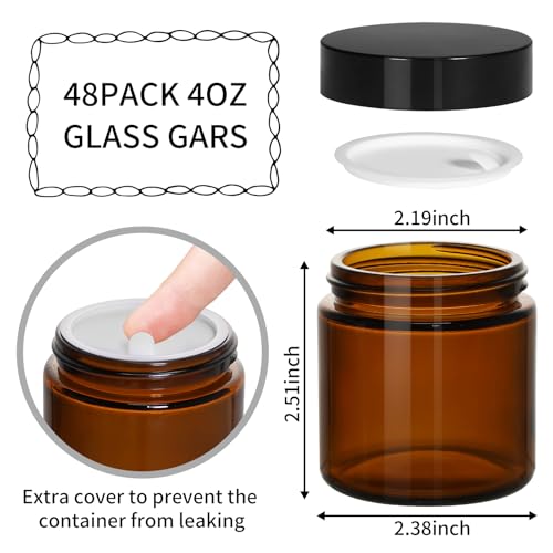 KEYWING 4oz Amber Glass Jars with Black Lids, 48 Pack Cosmetic Containers - color: Amber, size: 4oz-48Pack