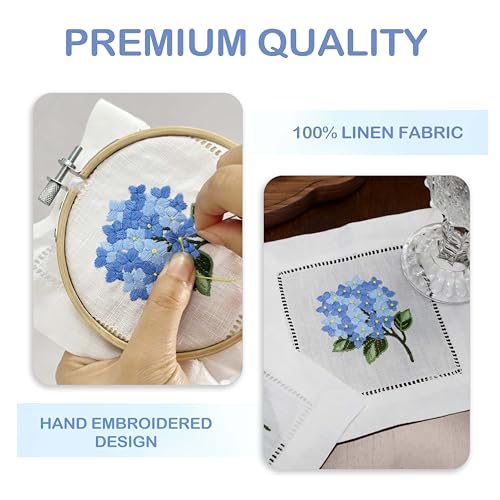 Linen Cocktail Napkins White Set of 6 Hand Embroidered Hydrangea 6"x6" Reusable Mini Cloth Hemstitched Coasters for Birthday Wedding Garden Party Present Blue
