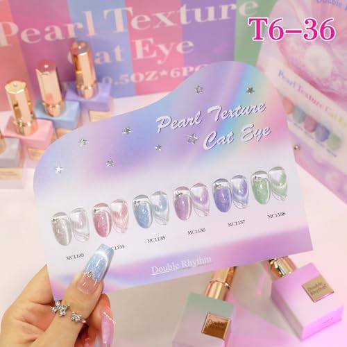 Double Rhythm Cat Eye Gel Nail Polish Set of 6 Same Color Same Bottle 0.5 Oz Shimmer Glitter with Magnet Holographic Reflective Magnetic UV Nail Polish Kit (Pearl Pink Blue Green Purple-T6-36) - color: Pearl Mermaid