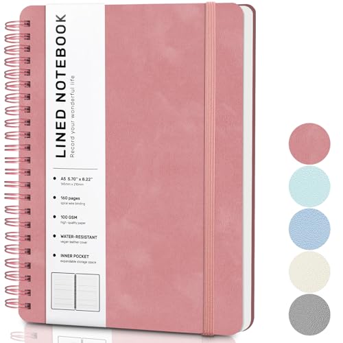 Lined Spiral Journal Notebook, A5 Hardcover Leather Notebook for Work, 5.7''×8.2'', 100GSM Thick Paper Spiral Bound Journaling Notebook for Women Men Office School Note Taking Business, Morandi Pink - color: Morandi Pink, size: A5