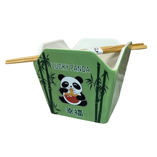 Urban Tokyo Chinese Takeout Box Style Porcelain Bowl With Chopsticks 18 fl oz Square Shape Rice Noodles Pasta To Go Box Shaped Bowl Microwave Dishwasher Safe (Hungry Panda) - color: Hungry Panda