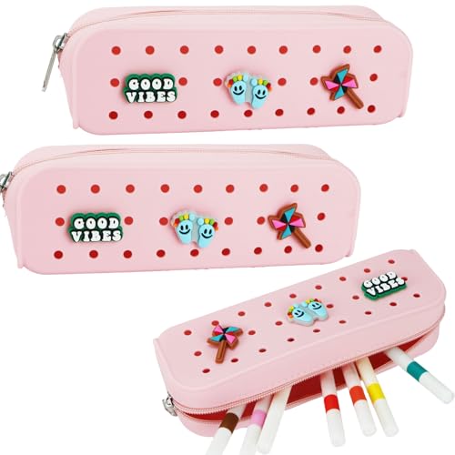 Cute Silicone Pen Case Pen Pouch with DIY Holes and 3 Decoratives(Random) Travel Makeup Brush Bag suitable for travel home7.81inch (Pale Pink,2 Packs) - color: Pale Pink,2 Packs
