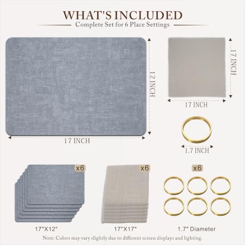 Placemats Set of 6 with Napkins and Rings - Washable Faux Leather Table Mat - color: Gray, size: Placemats Set of 6