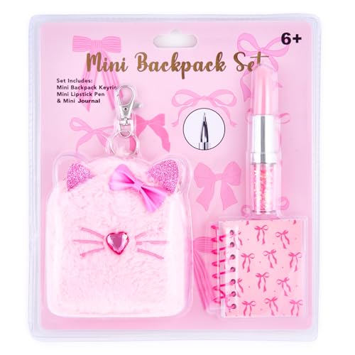 VOTUM Pink Bow Cat Keychain Charm for Backpacks, Purses, Handbags, Car Keys with Stationery Set - Includes Mini Notebook, Gel Pen, Eraser, Stickers - Portable & Fun Gift for Tweens & Adults Ages 8+ - style: Pink Bow Cat