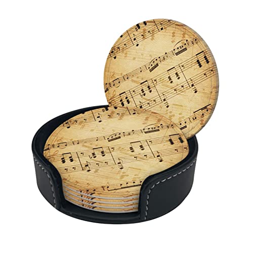 6 Pcs Leather Coasters for Drinks with Holder Retro Music Scores Coaster Sets Drink Table Cup Coasters for Kitchen Coffee Decor - color: Piano Music Score