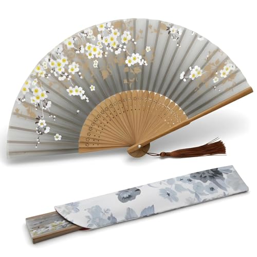 Lysa Hand Fan for Women Foldable - Portable Folding Japanese Chinese Fan - for Hot Flashes, Summer Cooling, Festivals, Church, Dancing (Gray Sakura) - color: Gray Sakura