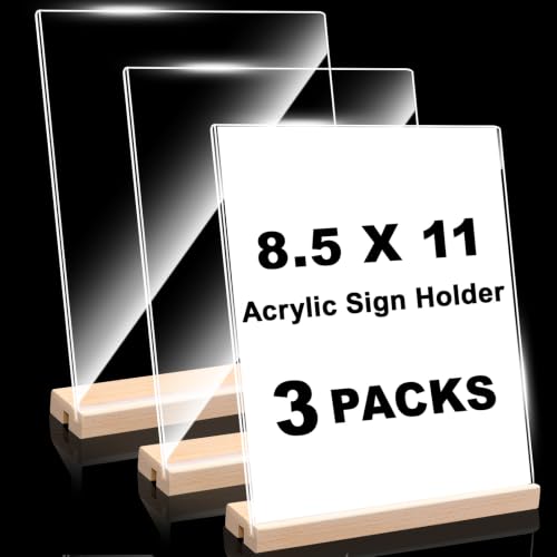 Daletu Acrylic Sign Holder 8.5x11 with Wood Base | 3 Packs Acrylic Sign Display Stand, 2 in 1 Vertical or Slant Clear Tabletop Flyer Menu Holder, Plastic Picture Frame for Store, Office, Vendor, Party - size: 3PCS (8.5"x11")