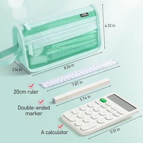 Four Candies Grid Mesh Pencil Case, Clear Double-layer with Handle (Green) - color: Green