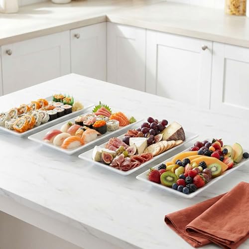 12" Serving Platters Set of 4, White Rectangular Plates, Ceramic Serving Tray, Stackable Large Party Plates for Appetizer, Dessert, Steak, Sushi, Housewarming Gift, Oven Dishwasher Safe - color: White 1