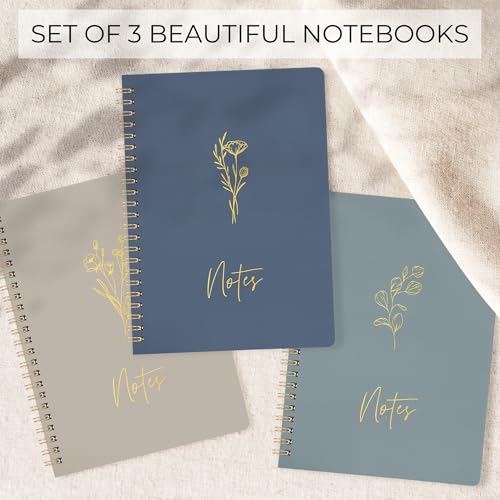Aesthetic Spiral Notebook Set of 3 For Women - Cute College Ruled Journals - color: darkblue-medblue-taupe, size: Medium 8x6