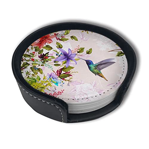 Hummingbirds Bird Flower Coasters for Drinks with Holder Leather Coasters Set of 6 Table Decor Protect Furniture from Water Marks Scratch and Damage - color: Black6