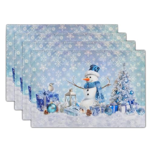 Giwawa Blue Snowman Placemats Set of 4 Christmas Trees Balls Winter Snowflakes Linen Place Mat Xmas Snow Scenery Non Slip Heat Resistant Table Mats 12"x18" for Kitchen Dining Holiday New Year Decor - color: Blue Snowman