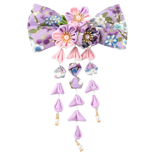 Umibow Japanese Kimono Flower Hair Clip Bowknot Tassel Hairpin Japanese Style Traditional Tsumami Kanzashi Hair Barrettes Hanfu Hair Pin Wedding Hair Accessories (Purple) - color: Purple