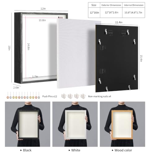 12x16 Large Shadow Box Frame with Thickened Acrylic Panel & Pins - color: Black + Thickened Panel + Foam Packaging, size: 12x16
