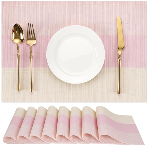 Placemats Set of 8, Vinyl Woven Heat-Resistant Place Mats - color: Beige Pink, size: Set of 8